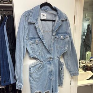 Zara Light Blue Denim Cutout Jumpsuit